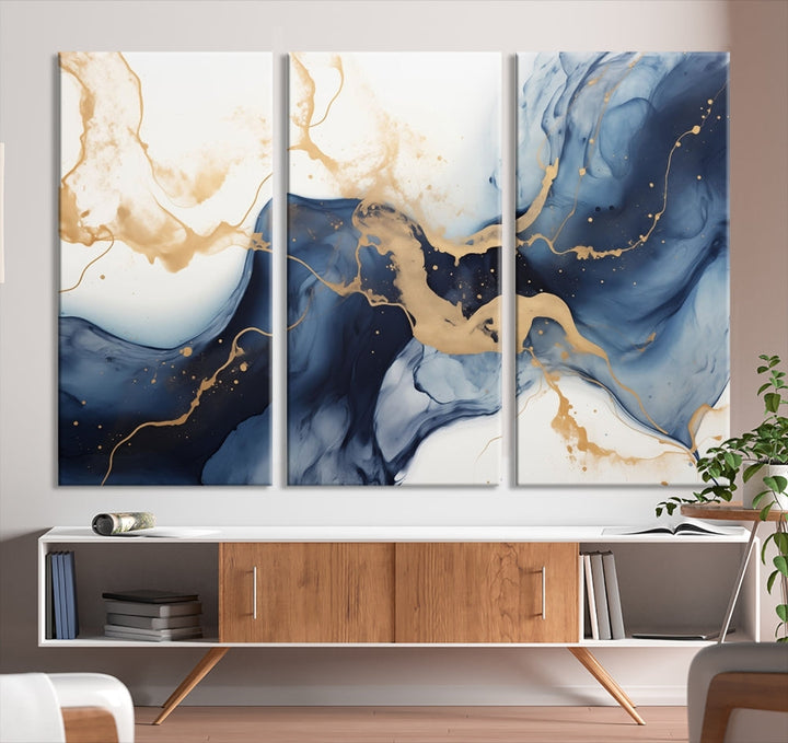 Fluid Abstract Canvas Print Gold Blue Painting Minimalist Fine Wall Art Large Print