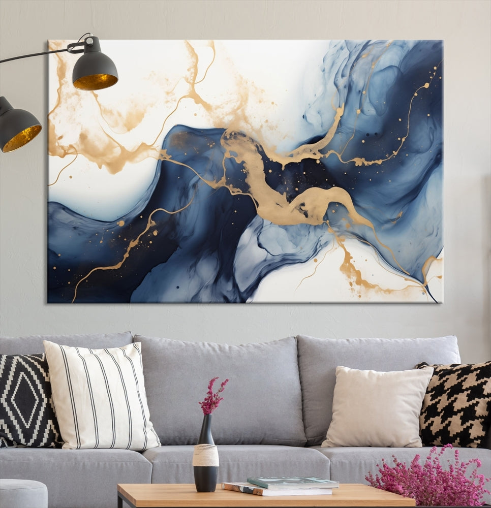 Fluid Abstract Canvas Print Gold Blue Painting Minimalist Fine Wall Art Large Print