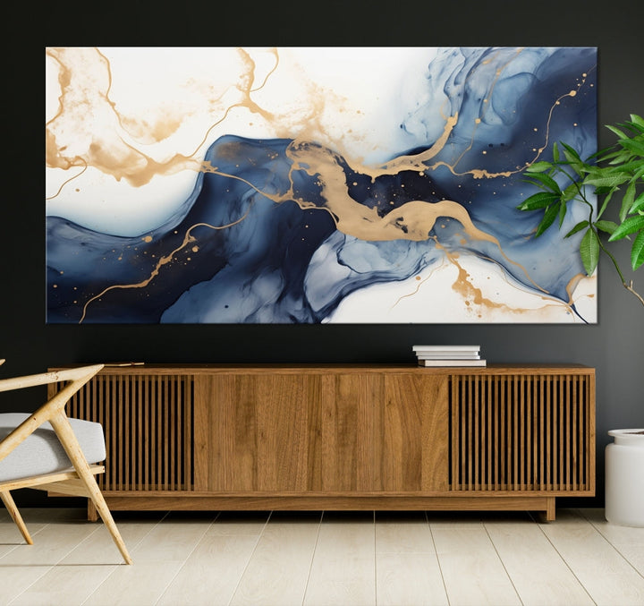 Fluid Abstract Canvas Print Gold Blue Painting Minimalist Fine Wall Art Large Print