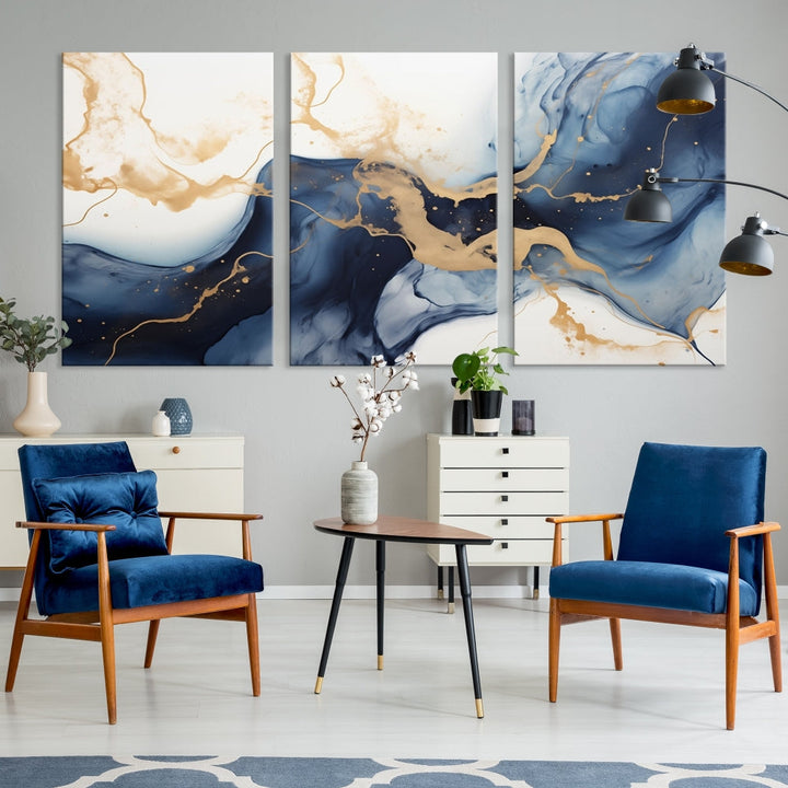 Fluid Abstract Canvas Print Gold Blue Painting Minimalist Fine Wall Art Large Print