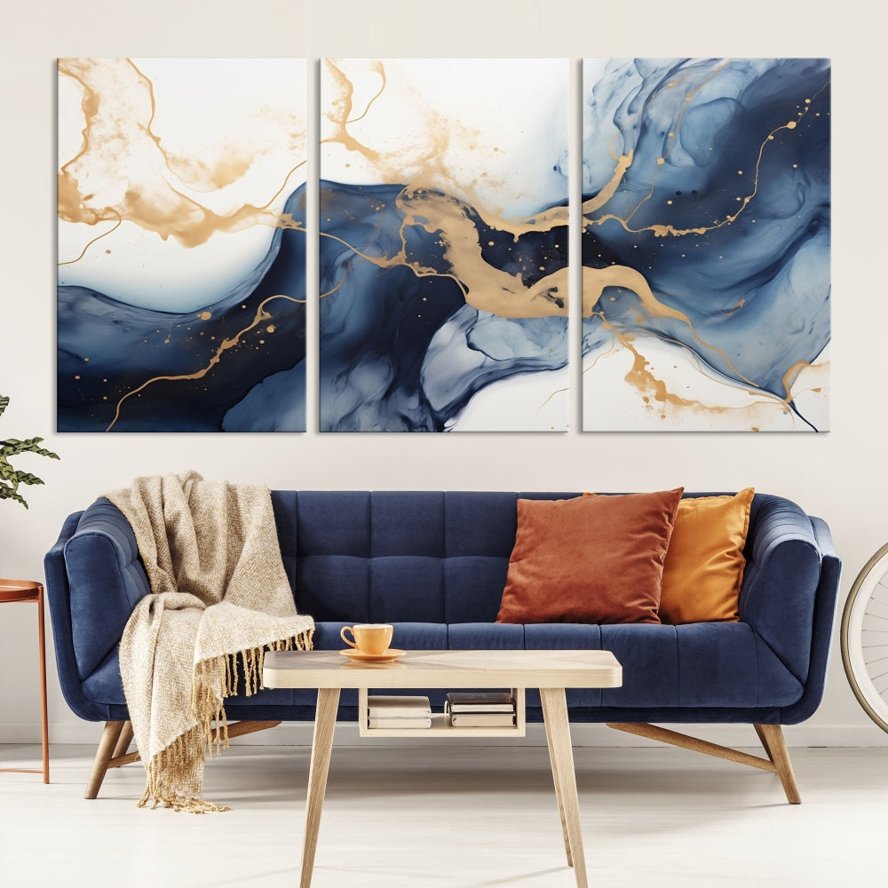 Fluid Abstract Canvas Print Gold Blue Painting Minimalist Fine Wall Art Large Print