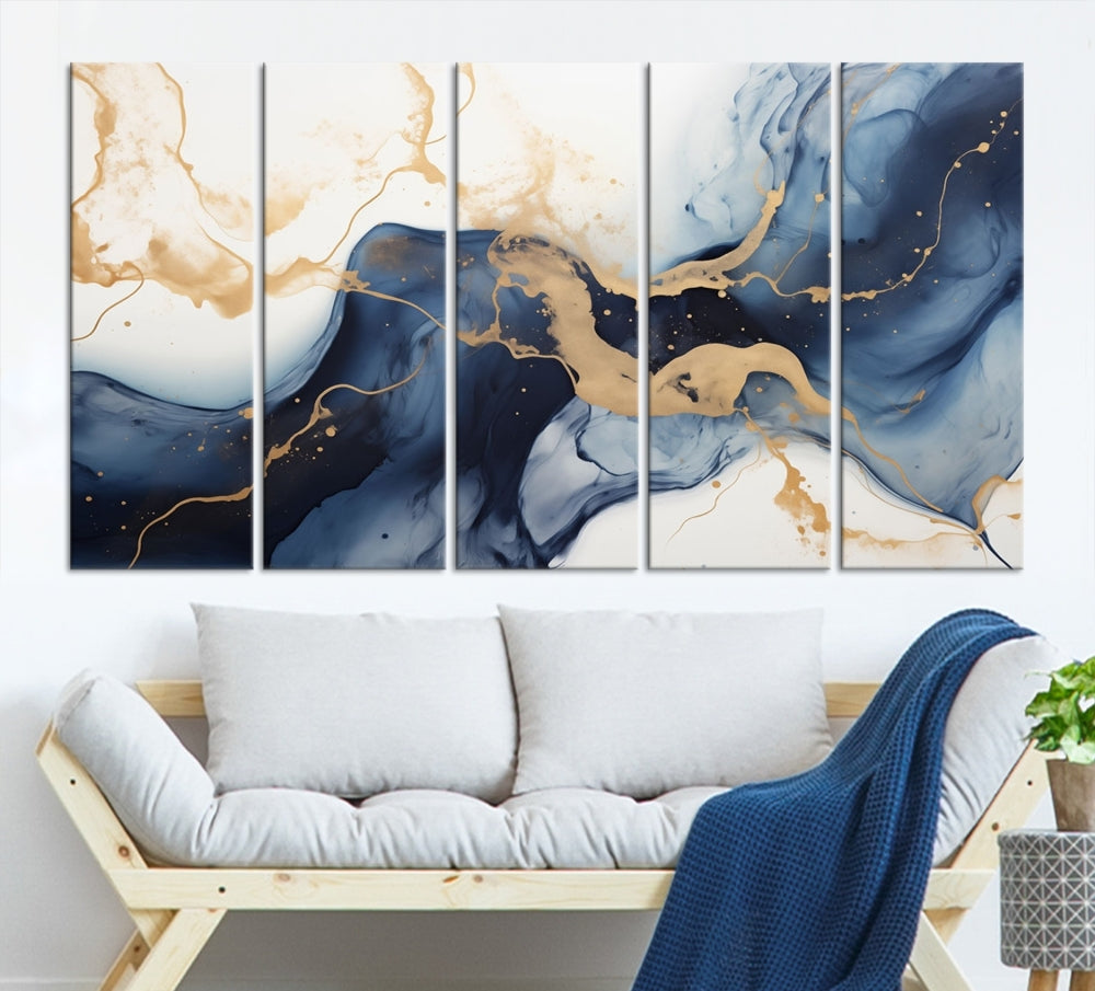 Fluid Abstract Canvas Print Gold Blue Painting Minimalist Fine Wall Art Large Print