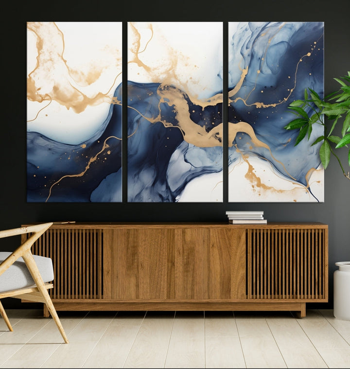 Fluid Abstract Canvas Print Gold Blue Painting Minimalist Fine Wall Art Large Print