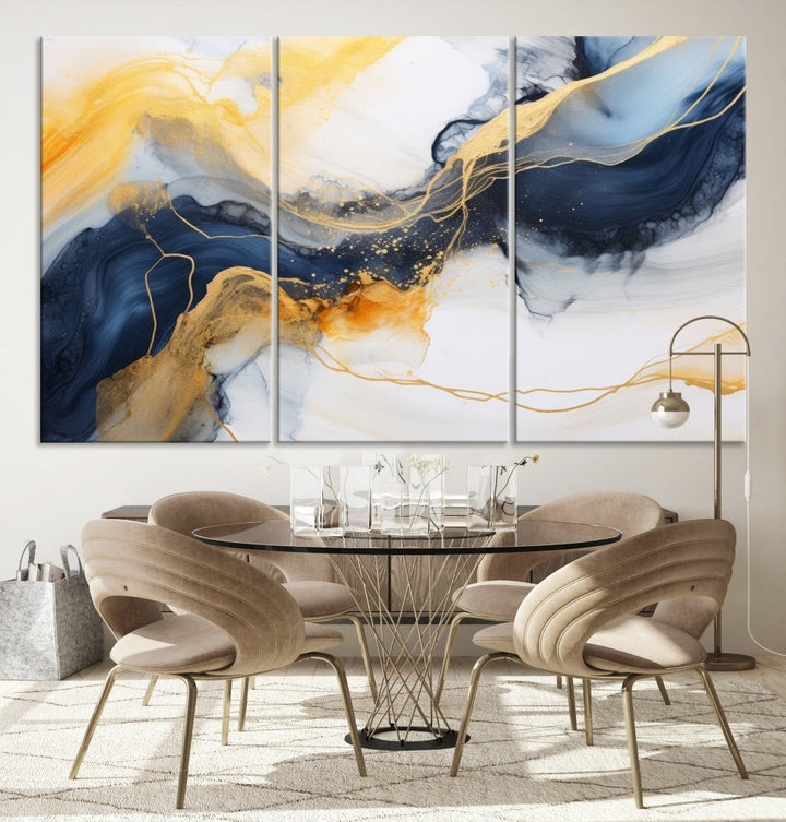 Fluid Abstract Painting on Canvas, Blue Gold White Wall Art, Large Marble Canvas Print, Modern Wall Decor