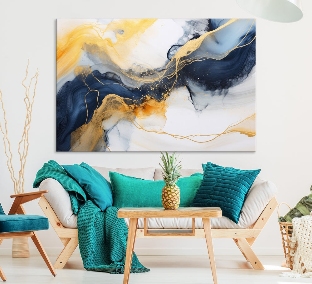 Fluid Abstract Painting on Canvas, Blue Gold White Wall Art, Large Marble Canvas Print, Modern Wall Decor