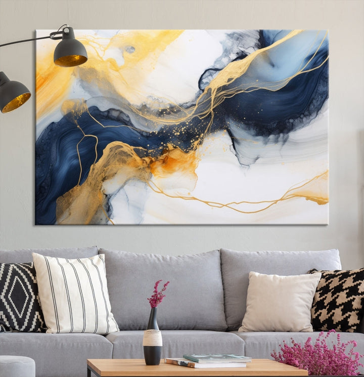 Fluid Abstract Painting on Canvas, Blue Gold White Wall Art, Large Marble Canvas Print, Modern Wall Decor