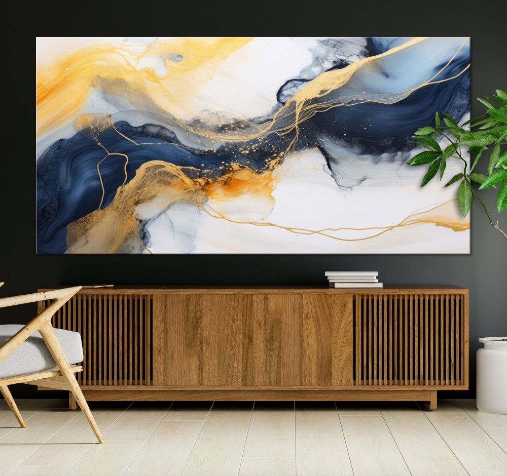 Fluid Abstract Painting on Canvas, Blue Gold White Wall Art, Large Marble Canvas Print, Modern Wall Decor