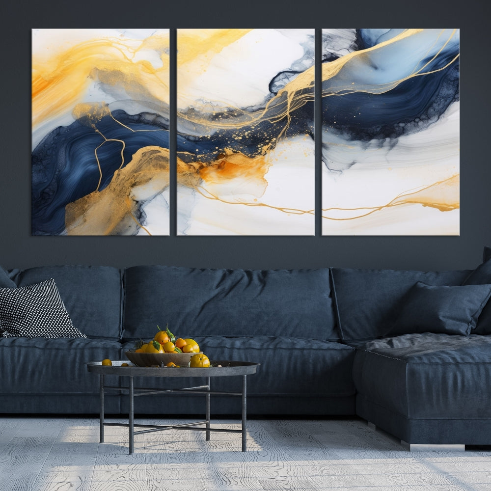 Fluid Abstract Painting on Canvas, Blue Gold White Wall Art, Large Marble Canvas Print, Modern Wall Decor