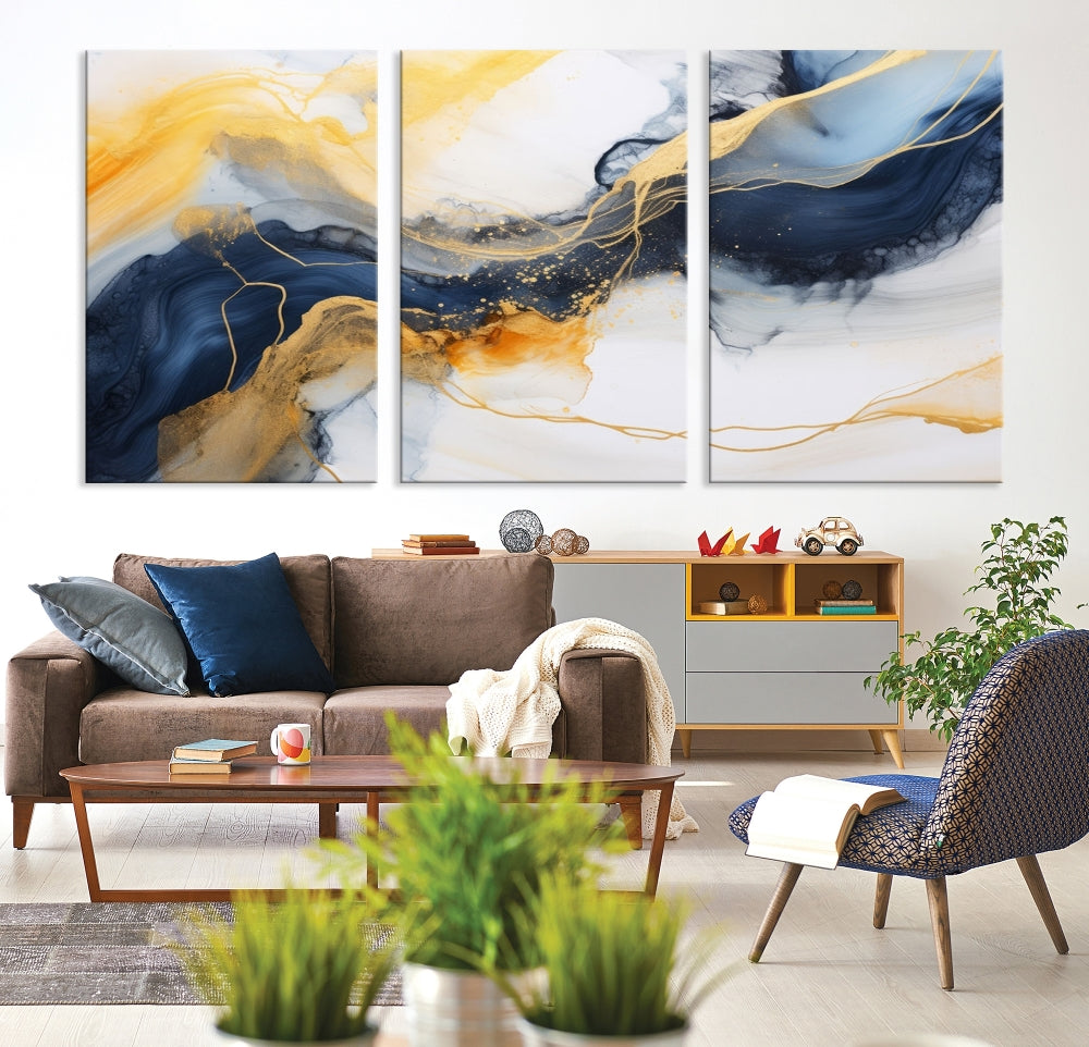 Fluid Abstract Painting on Canvas, Blue Gold White Wall Art, Large Marble Canvas Print, Modern Wall Decor