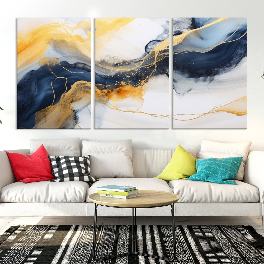 Fluid Abstract Painting on Canvas, Blue Gold White Wall Art, Large Marble Canvas Print, Modern Wall Decor