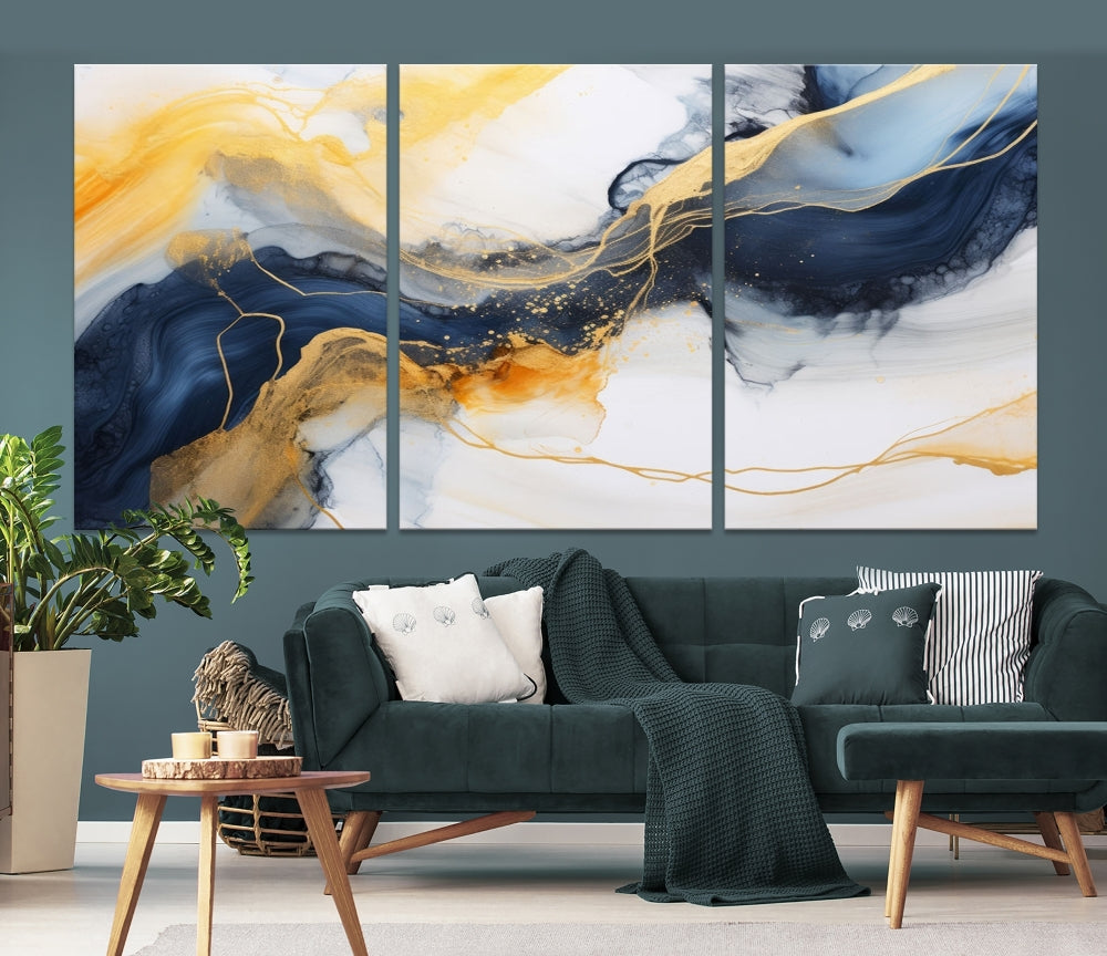 Fluid Abstract Painting on Canvas, Blue Gold White Wall Art, Large Marble Canvas Print, Modern Wall Decor