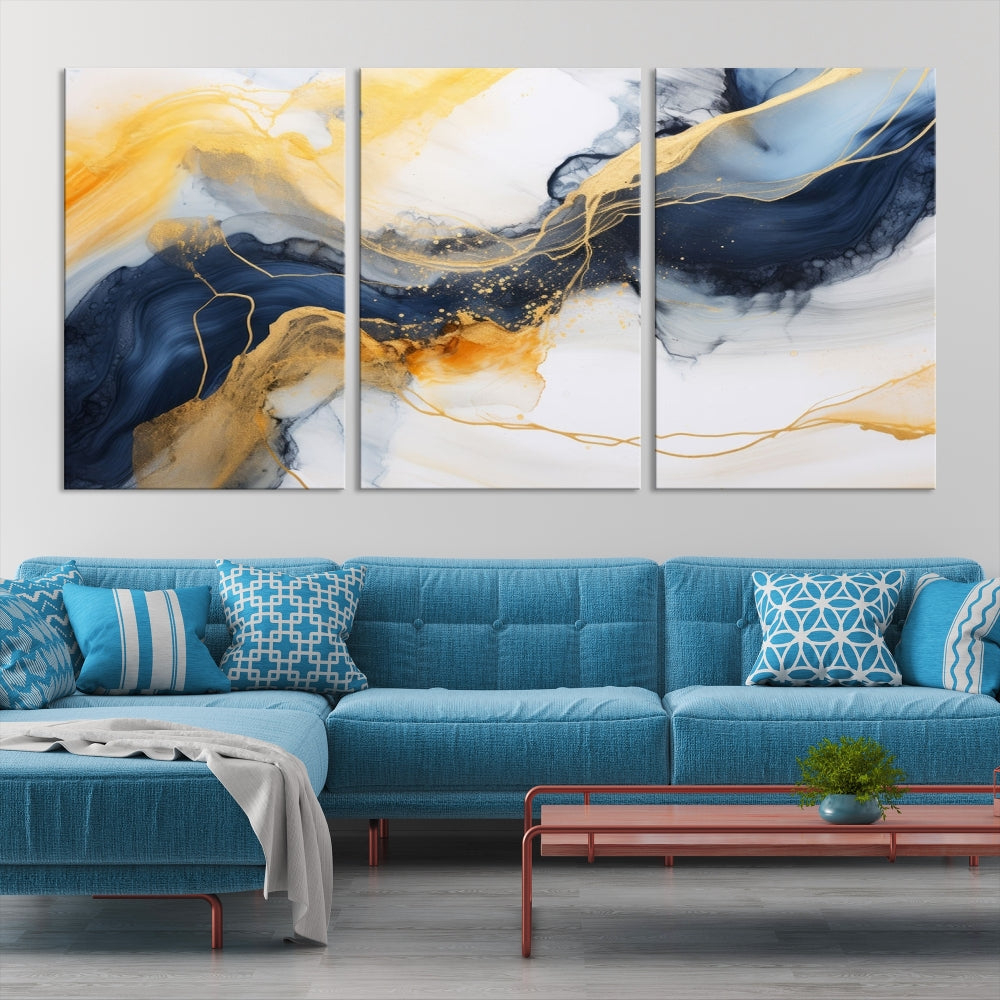 Fluid Abstract Painting on Canvas, Blue Gold White Wall Art, Large Marble Canvas Print, Modern Wall Decor