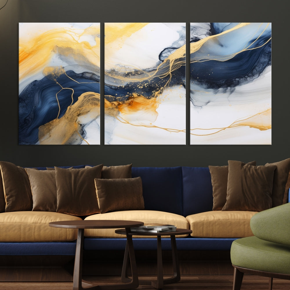 Fluid Abstract Painting on Canvas, Blue Gold White Wall Art, Large Marble Canvas Print, Modern Wall Decor