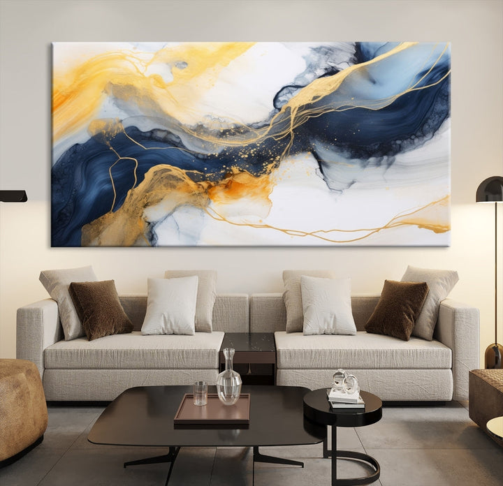 Fluid Abstract Painting on Canvas, Blue Gold White Wall Art, Large Marble Canvas Print, Modern Wall Decor