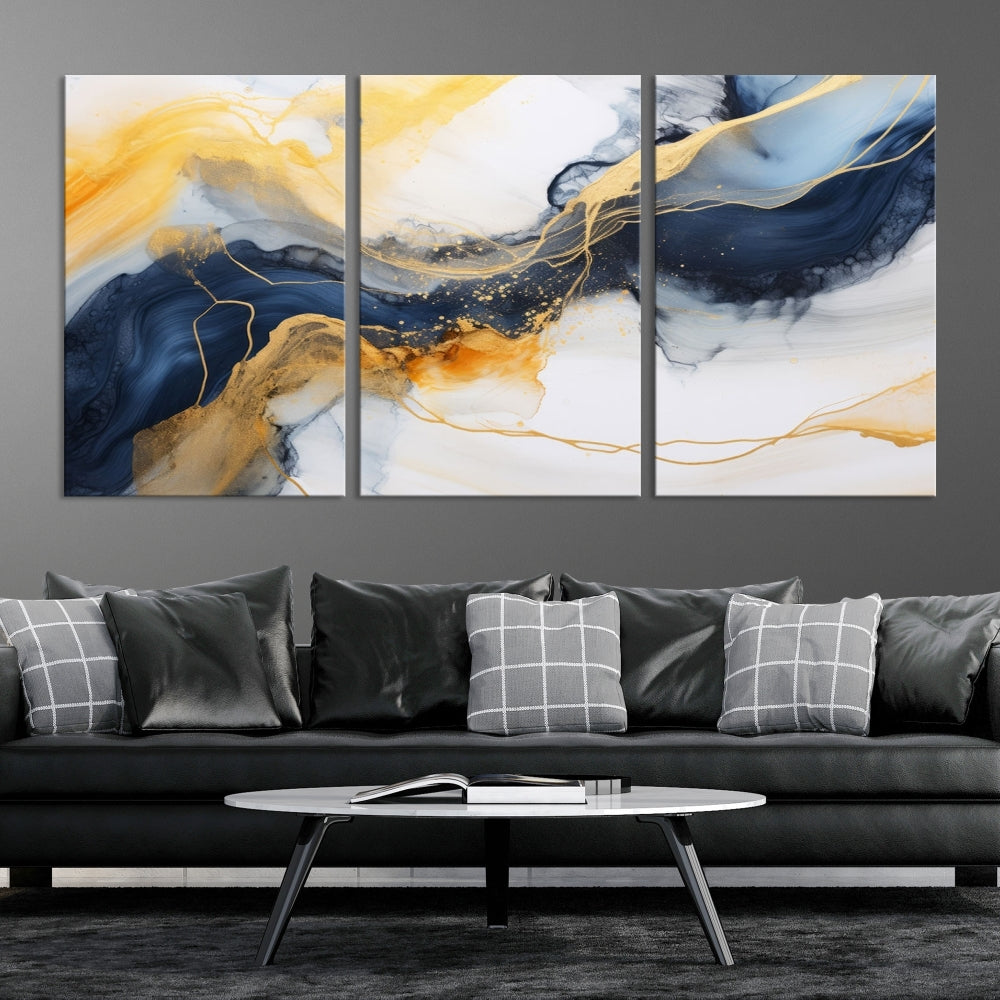 Fluid Abstract Painting on Canvas, Blue Gold White Wall Art, Large Marble Canvas Print, Modern Wall Decor