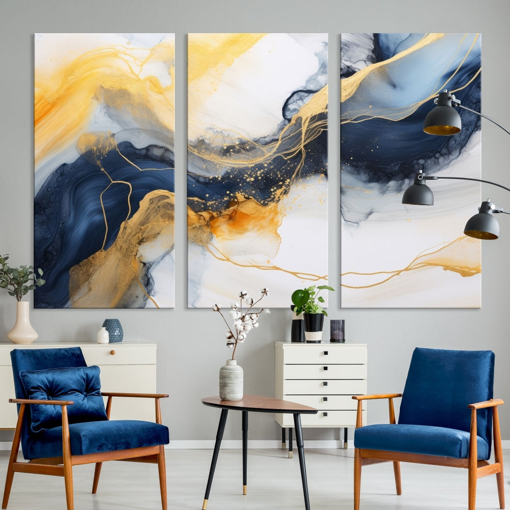 Fluid Abstract Painting on Canvas, Blue Gold White Wall Art, Large Marble Canvas Print, Modern Wall Decor