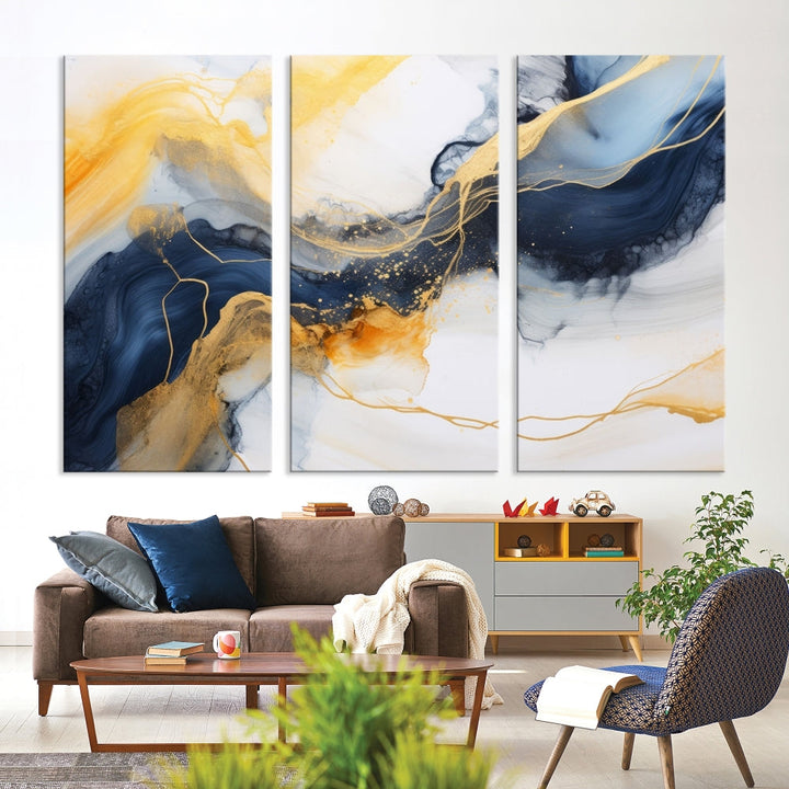 Fluid Abstract Painting on Canvas, Blue Gold White Wall Art, Large Marble Canvas Print, Modern Wall Decor