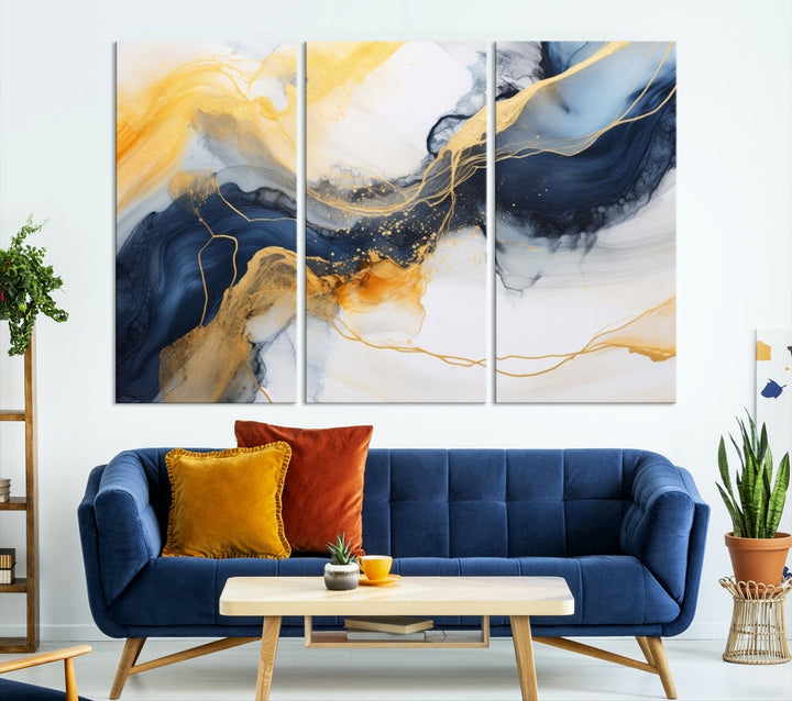 Fluid Abstract Painting on Canvas, Blue Gold White Wall Art, Large Marble Canvas Print, Modern Wall Decor