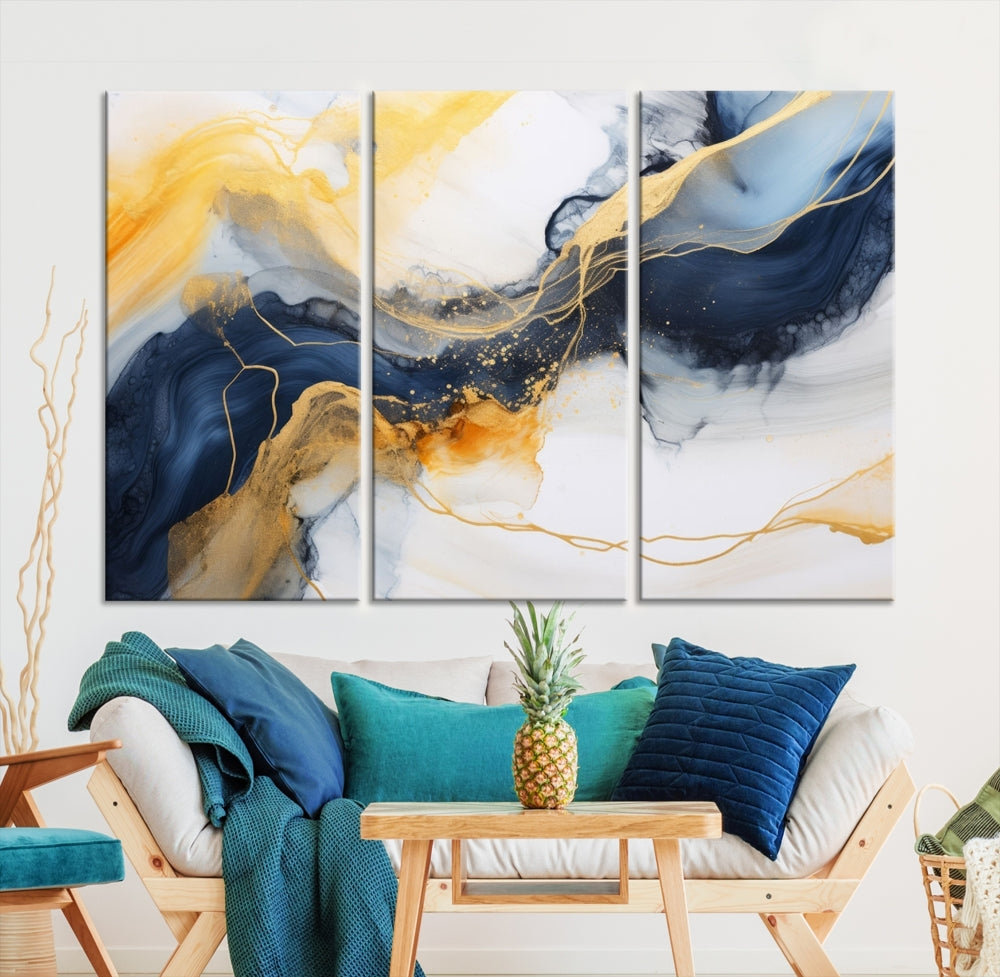 Fluid Abstract Painting on Canvas, Blue Gold White Wall Art, Large Marble Canvas Print, Modern Wall Decor