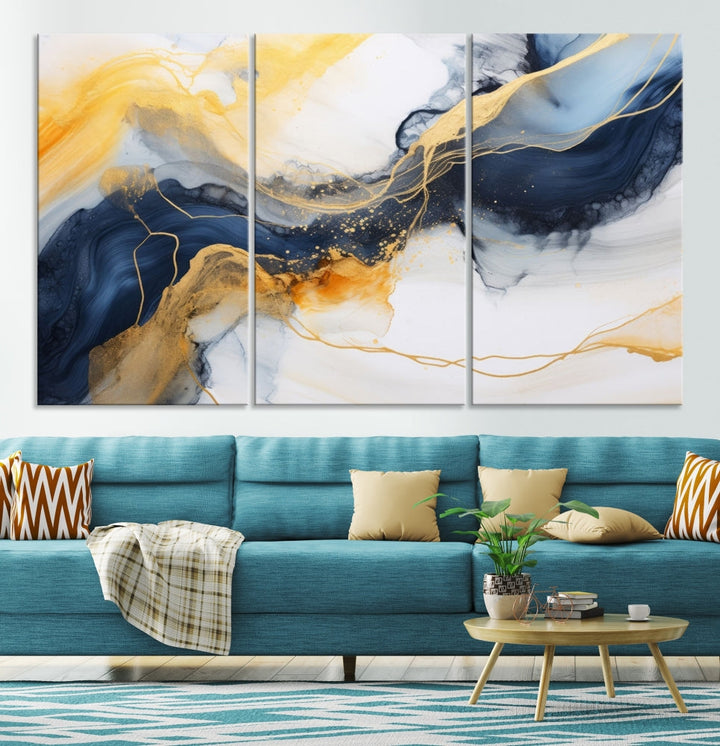 Fluid Abstract Painting on Canvas, Blue Gold White Wall Art, Large Marble Canvas Print, Modern Wall Decor