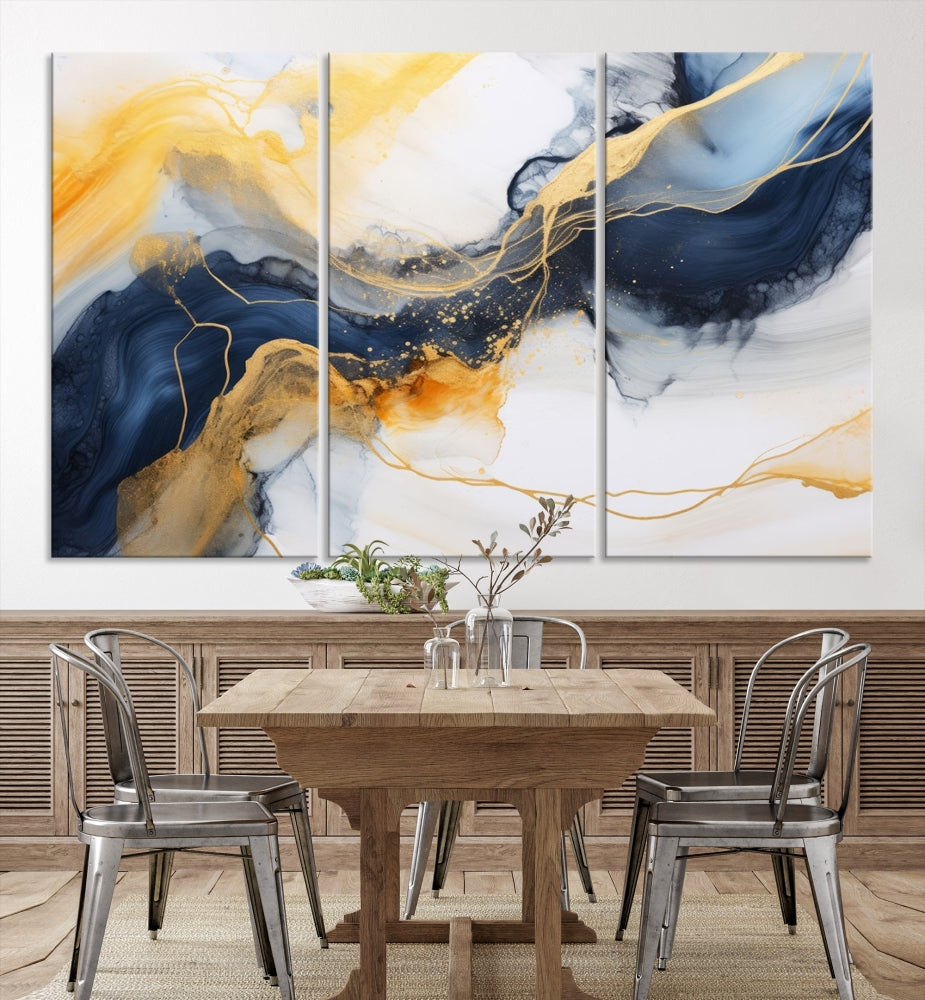 Fluid Abstract Painting on Canvas, Blue Gold White Wall Art, Large Marble Canvas Print, Modern Wall Decor