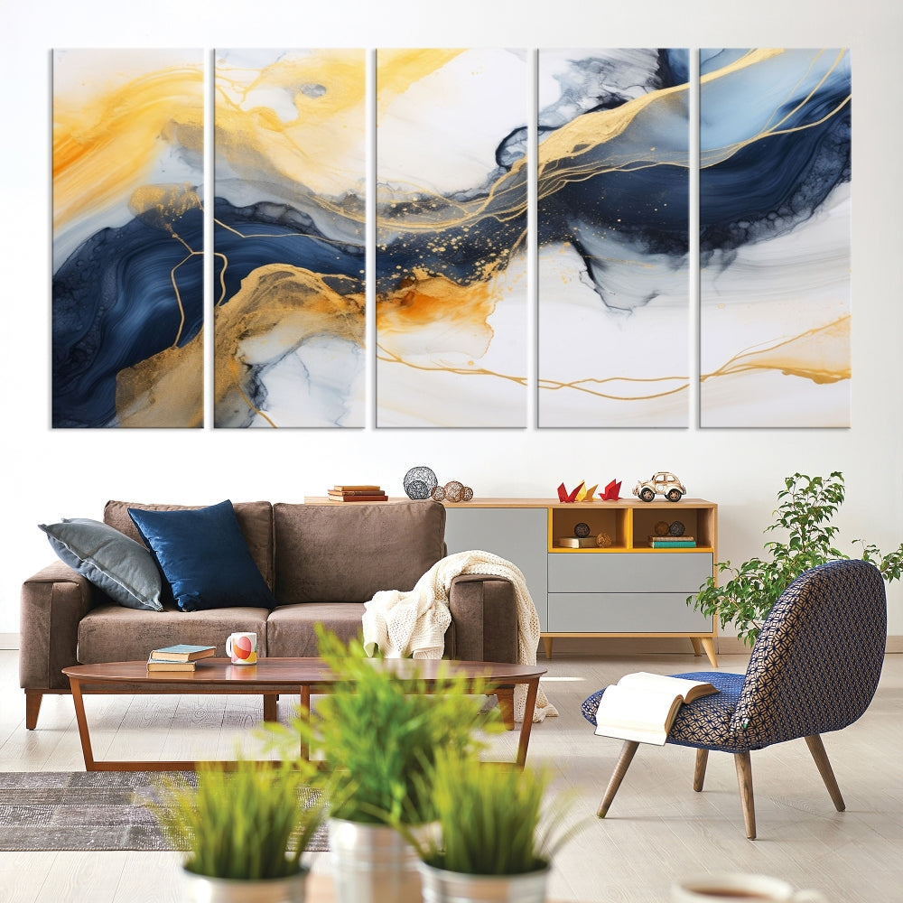 Fluid Abstract Painting on Canvas, Blue Gold White Wall Art, Large Marble Canvas Print, Modern Wall Decor