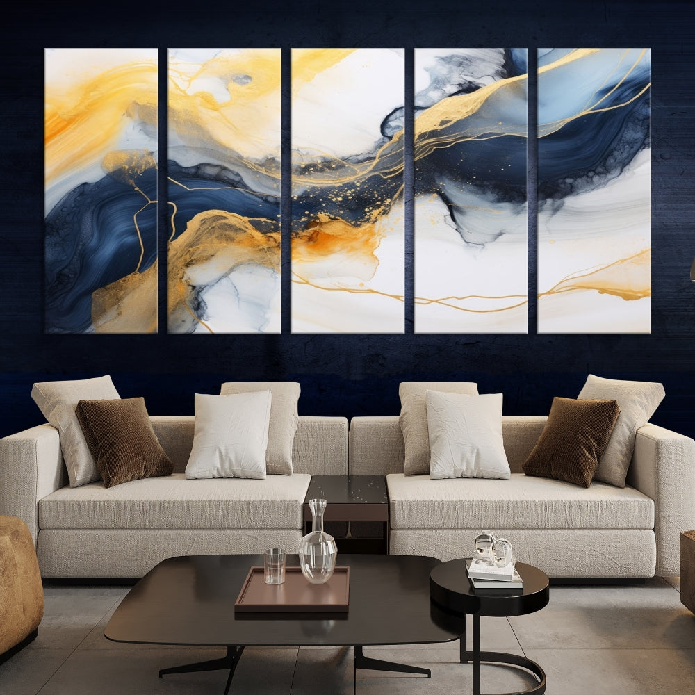 Fluid Abstract Painting on Canvas, Blue Gold White Wall Art, Large Marble Canvas Print, Modern Wall Decor