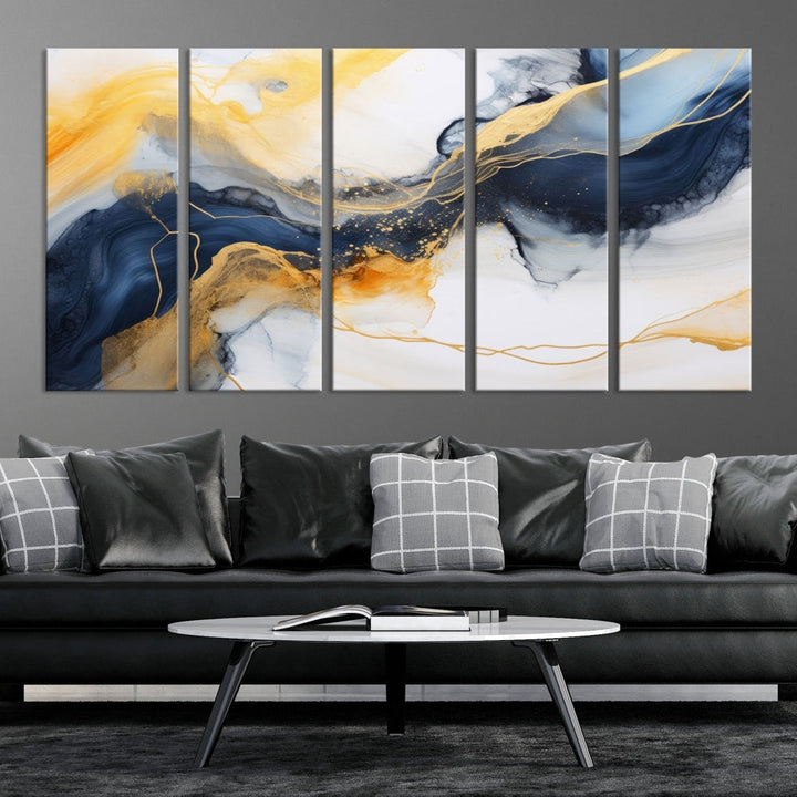 Fluid Abstract Painting on Canvas, Blue Gold White Wall Art, Large Marble Canvas Print, Modern Wall Decor