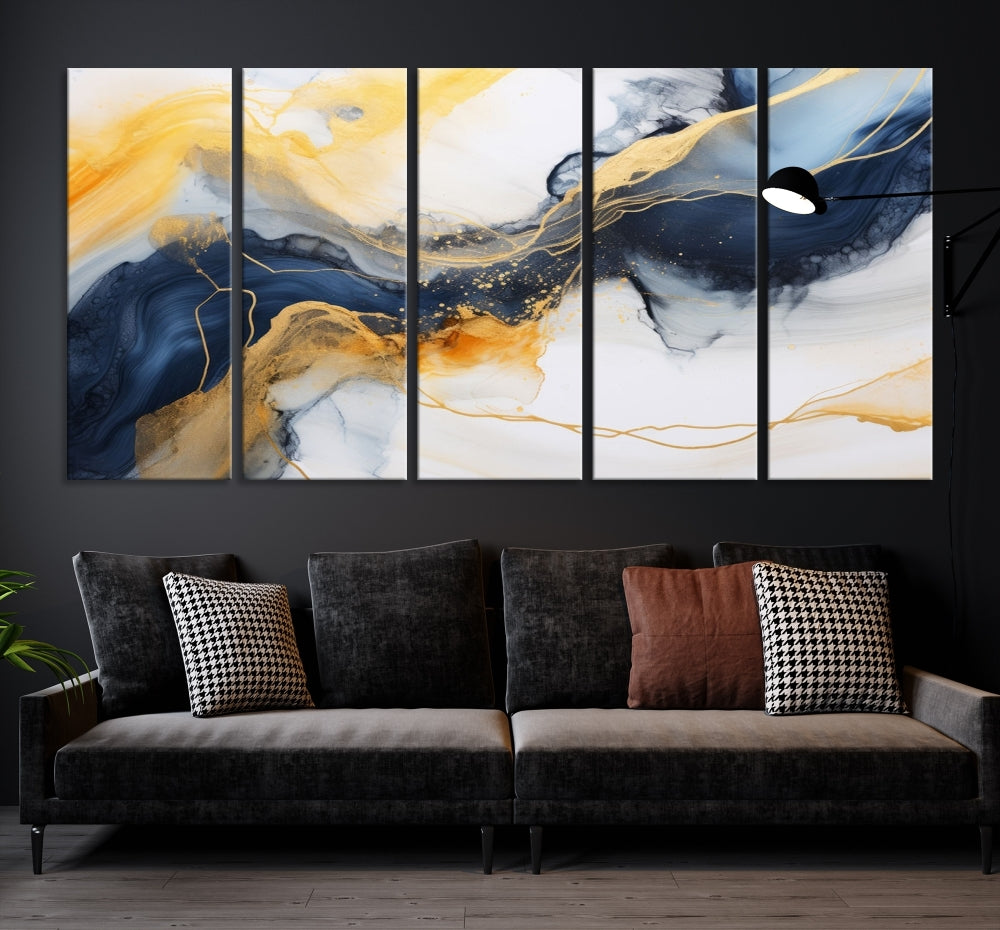 Fluid Abstract Painting on Canvas, Blue Gold White Wall Art, Large Marble Canvas Print, Modern Wall Decor