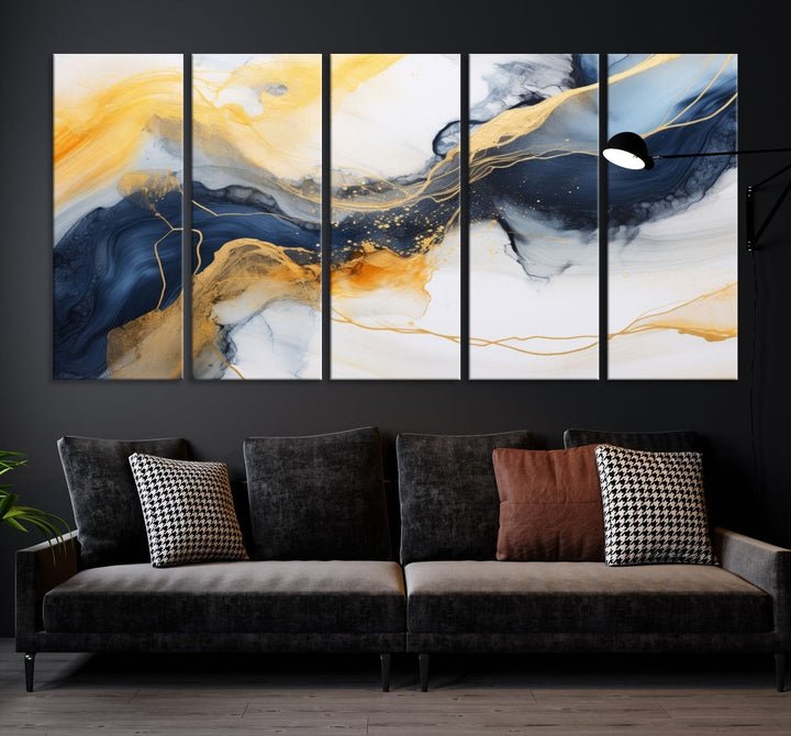 Fluid Abstract Painting on Canvas, Blue Gold White Wall Art, Large Marble Canvas Print, Modern Wall Decor