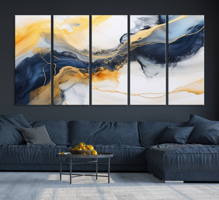 Fluid Abstract Painting on Canvas, Blue Gold White Wall Art, Large Marble Canvas Print, Modern Wall Decor