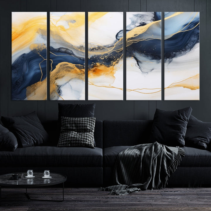 Fluid Abstract Painting on Canvas, Blue Gold White Wall Art, Large Marble Canvas Print, Modern Wall Decor