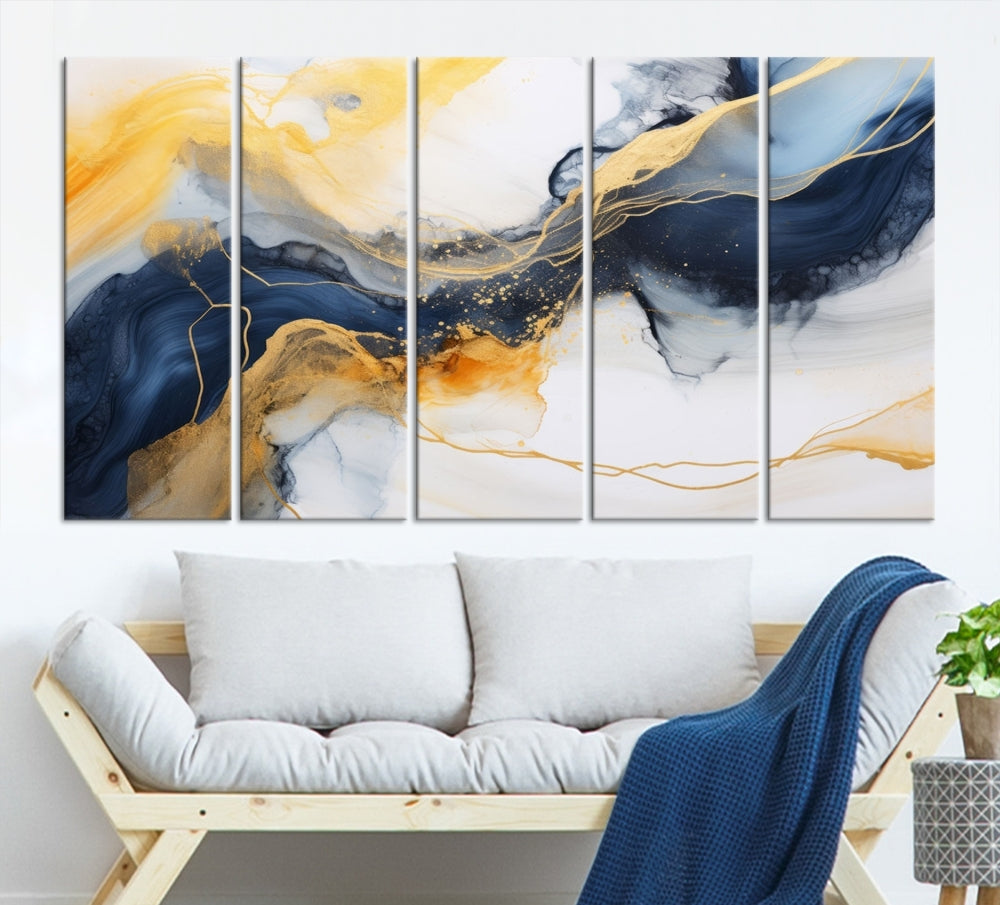 Fluid Abstract Painting on Canvas, Blue Gold White Wall Art, Large Marble Canvas Print, Modern Wall Decor