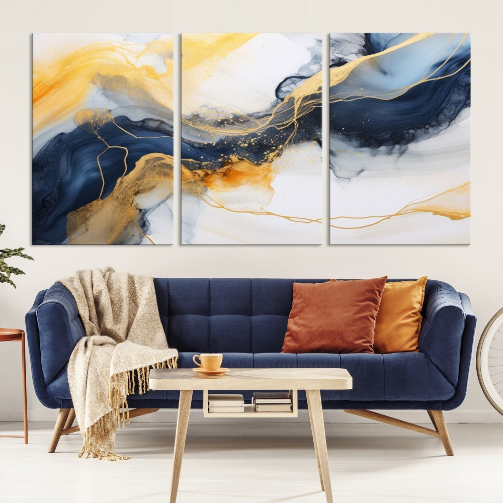 Fluid Abstract Painting on Canvas, Blue Gold White Wall Art, Large Marble Canvas Print, Modern Wall Decor