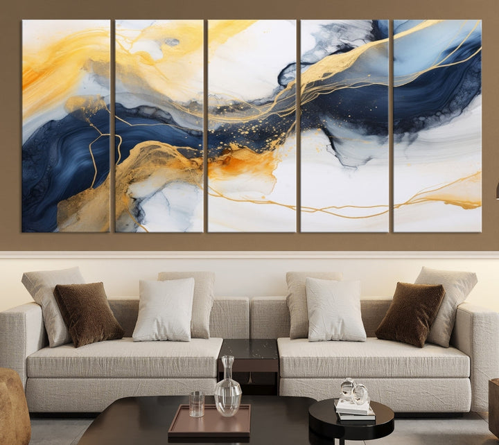 Fluid Abstract Painting on Canvas, Blue Gold White Wall Art, Large Marble Canvas Print, Modern Wall Decor