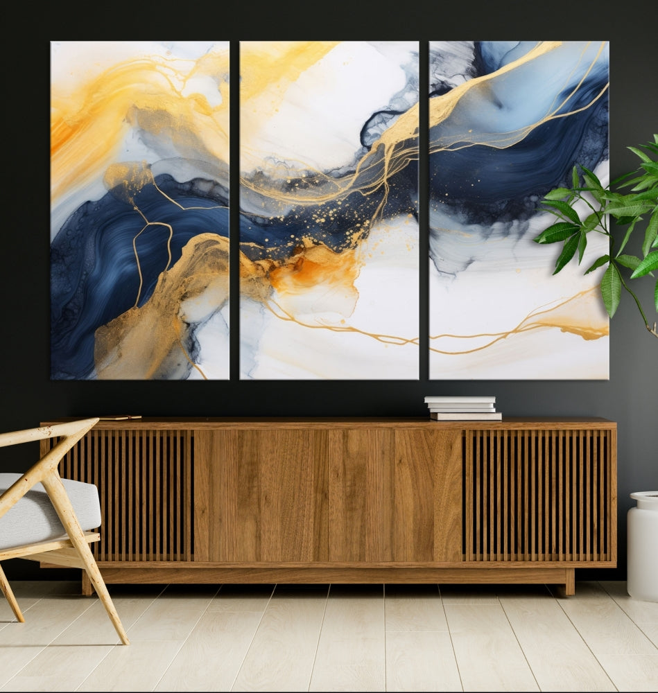 Fluid Abstract Painting on Canvas, Blue Gold White Wall Art, Large Marble Canvas Print, Modern Wall Decor