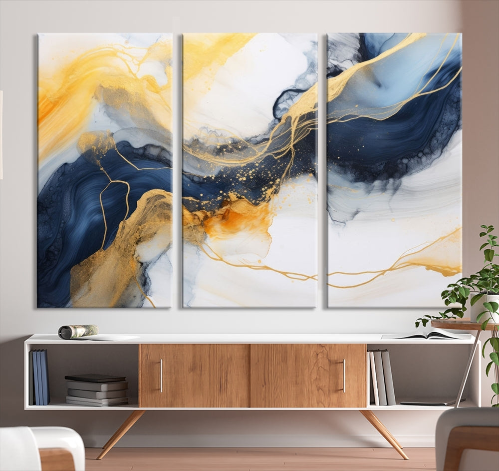 Fluid Abstract Painting on Canvas, Blue Gold White Wall Art, Large Marble Canvas Print, Modern Wall Decor