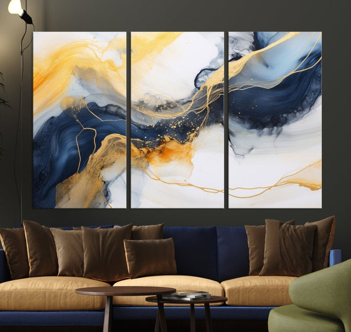 Fluid Abstract Painting on Canvas, Blue Gold White Wall Art, Large Marble Canvas Print, Modern Wall Decor