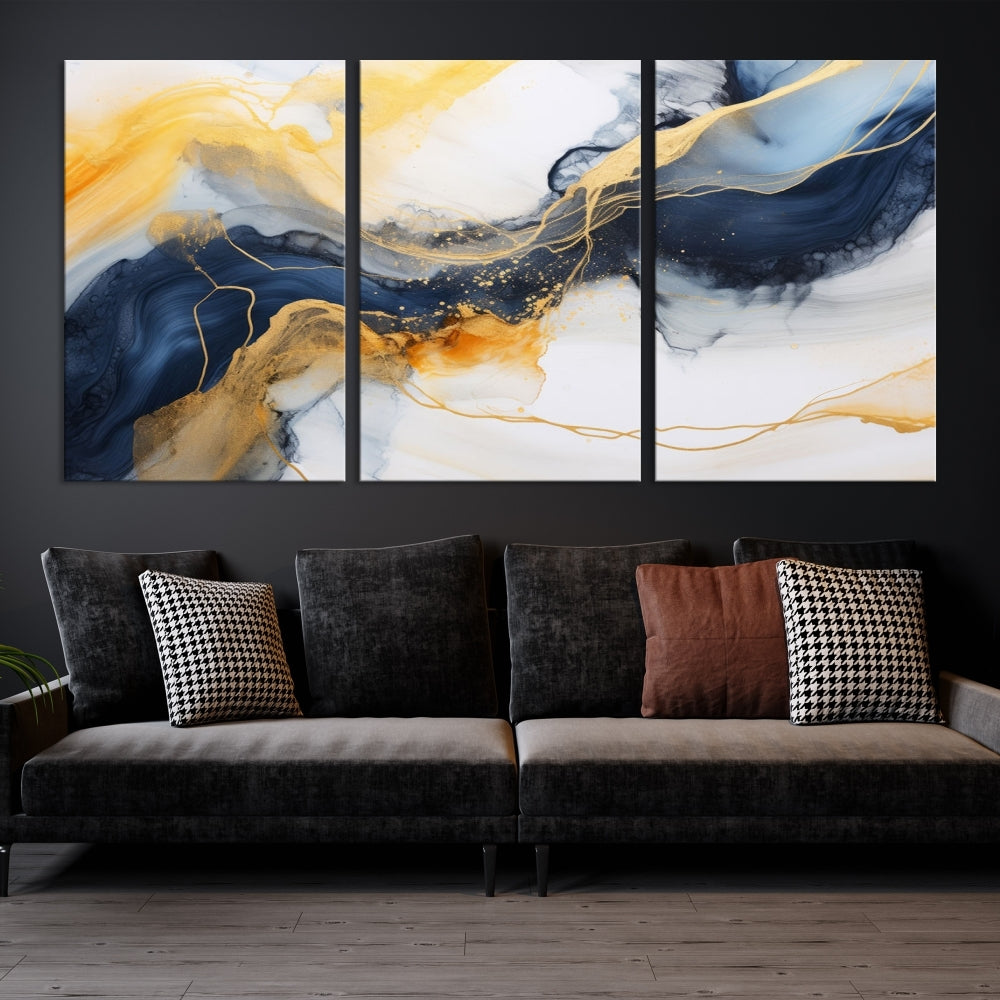 Fluid Abstract Painting on Canvas, Blue Gold White Wall Art, Large Marble Canvas Print, Modern Wall Decor