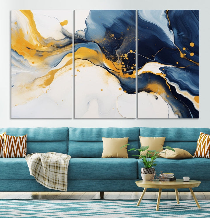 Fluid Abstract Wall Art Print, Blue Canvas Painting, Marble Wall Art, Modern Home Decor