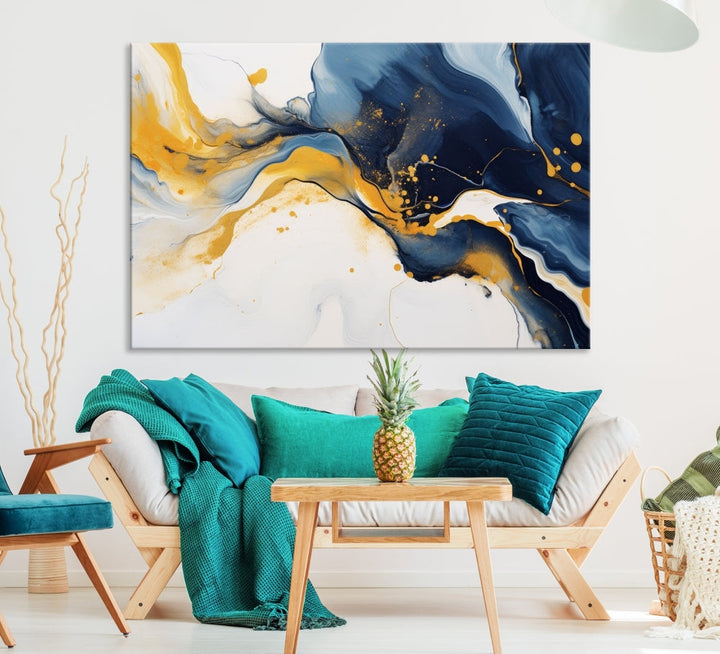 Fluid Abstract Wall Art Print, Blue Canvas Painting, Marble Wall Art, Modern Home Decor