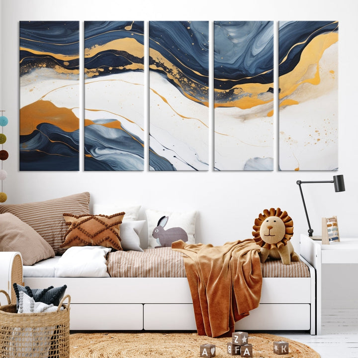 Fluid Gold Blue Marble Painting, Large Abstract Wall Art Canvas Print, Modern Home Wall Decor