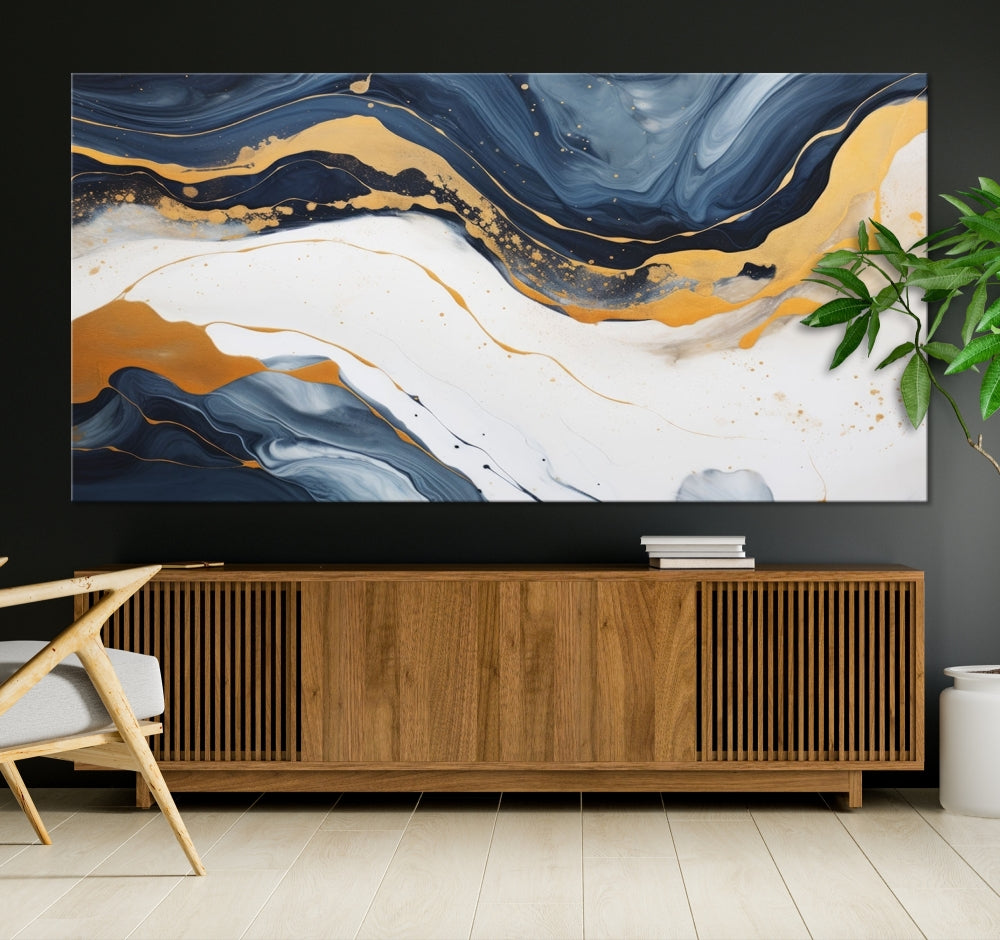 Fluid Gold Blue Marble Painting, Large Abstract Wall Art Canvas Print, Modern Home Wall Decor