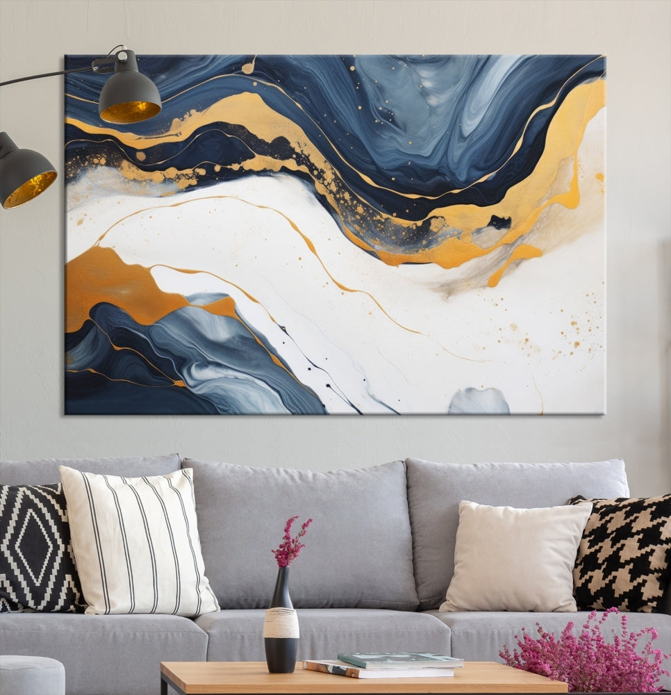 Fluid Gold Blue Marble Painting, Large Abstract Wall Art Canvas Print, Modern Home Wall Decor