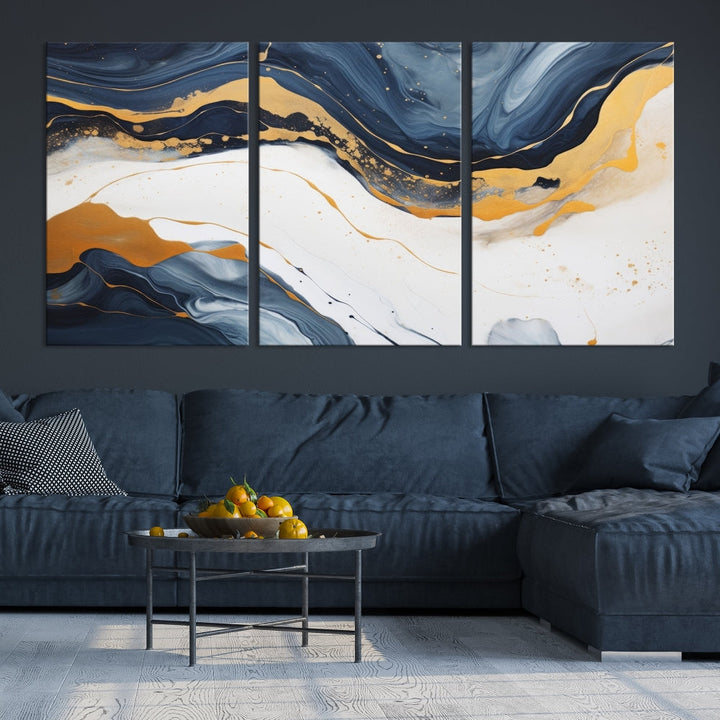 Fluid Gold Blue Marble Painting, Large Abstract Wall Art Canvas Print, Modern Home Wall Decor