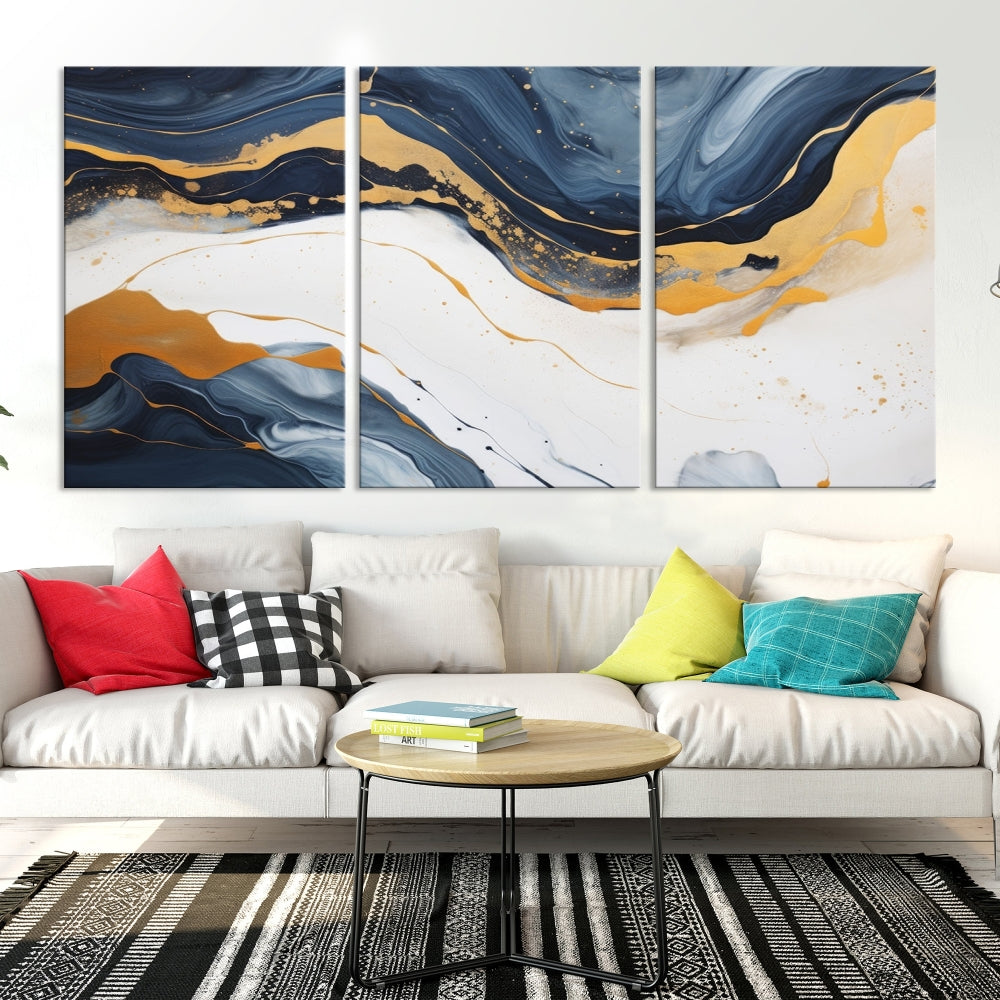 Fluid Gold Blue Marble Painting, Large Abstract Wall Art Canvas Print, Modern Home Wall Decor