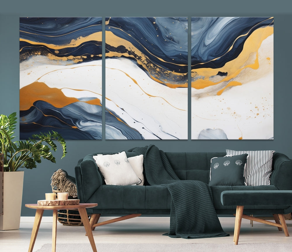 Fluid Gold Blue Marble Painting, Large Abstract Wall Art Canvas Print, Modern Home Wall Decor