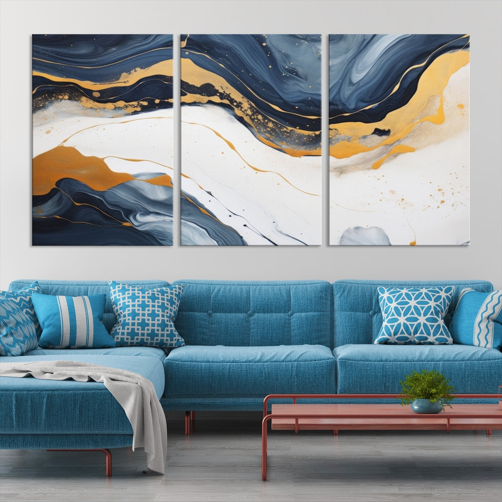 Fluid Gold Blue Marble Painting, Large Abstract Wall Art Canvas Print, Modern Home Wall Decor