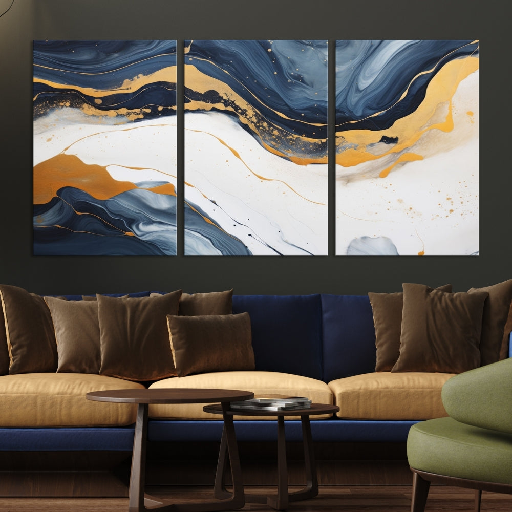 Fluid Gold Blue Marble Painting, Large Abstract Wall Art Canvas Print, Modern Home Wall Decor