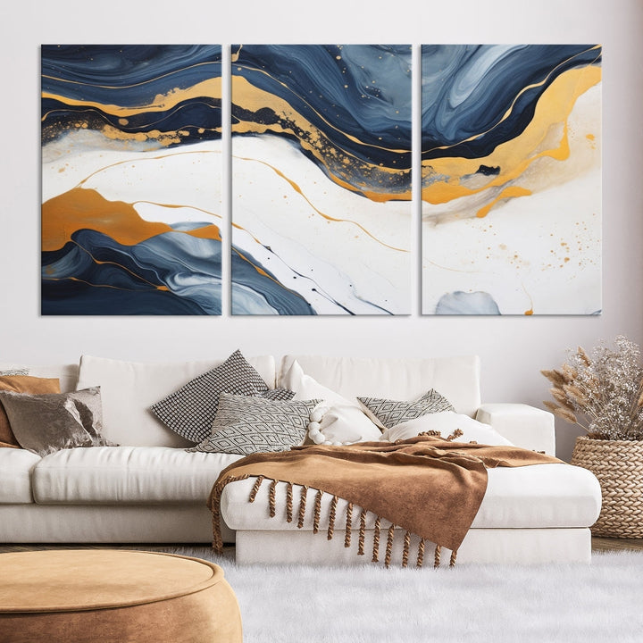 Fluid Gold Blue Marble Painting, Large Abstract Wall Art Canvas Print, Modern Home Wall Decor